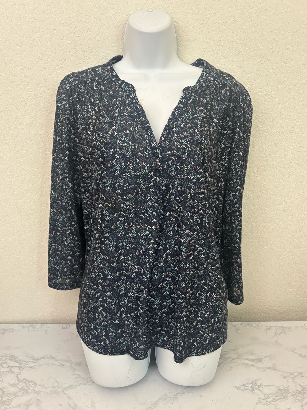 H&M Blouse Womens M Blue Floral Long Sleeve Split Neck Boho Peasant Top